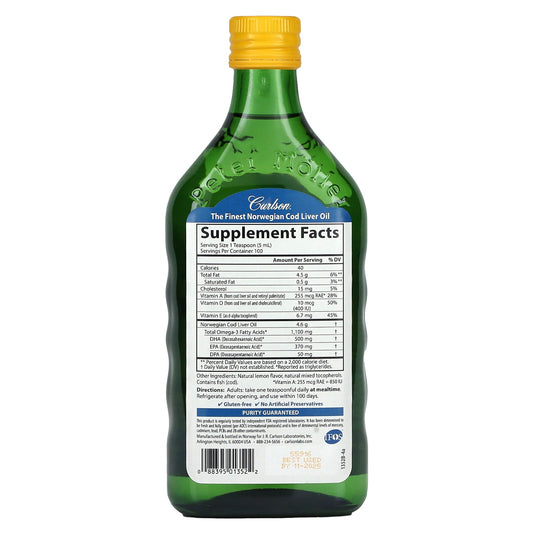 Carlson, Wild Norwegian, Cod Liver Oil, Natural Lemon , 16.9 fl oz (500 ml)