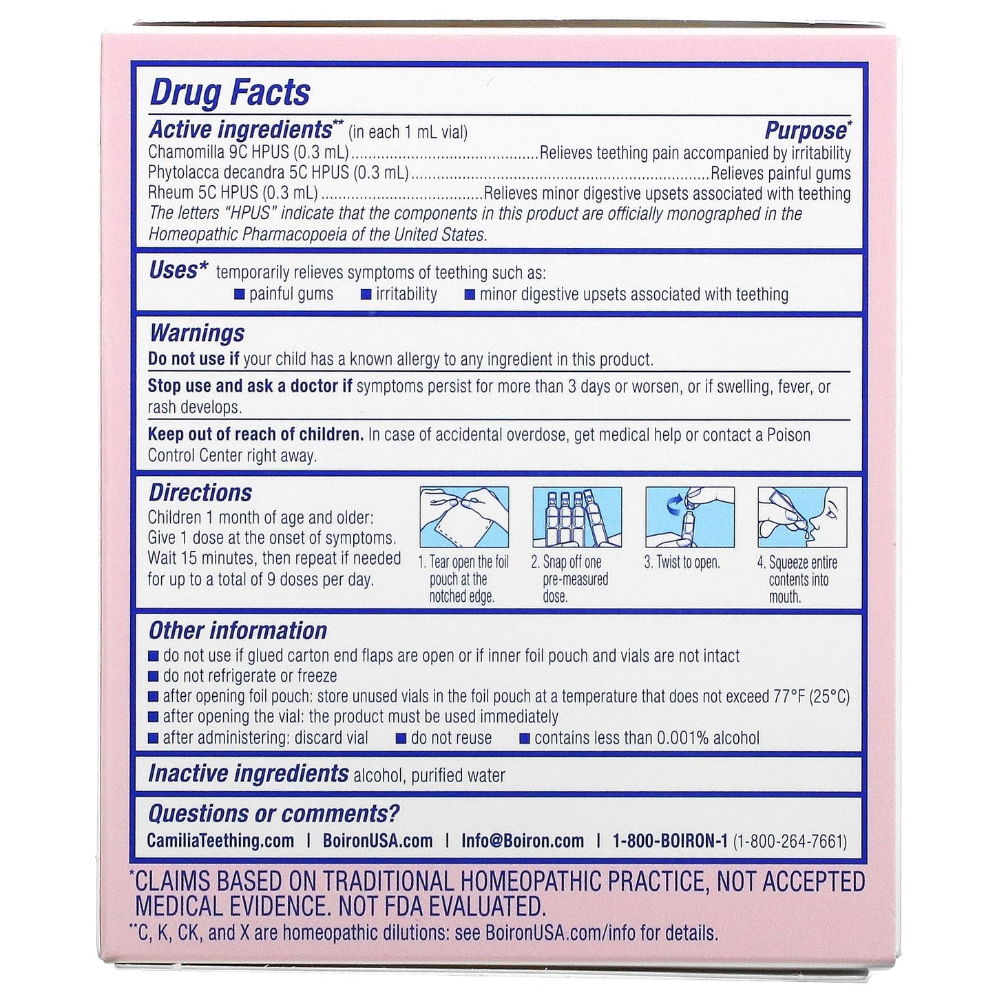 Boiron, Camilia, Teething Relief, 1 Months & Up, 15 Pre-Measured Liquid Doses, .034 fl oz (1 ml) Each