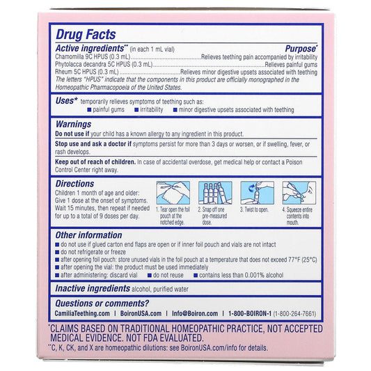 Boiron, Camilia, Teething Relief, 1 Months & Up, 15 Pre-Measured Liquid Doses, .034 fl oz (1 ml) Each