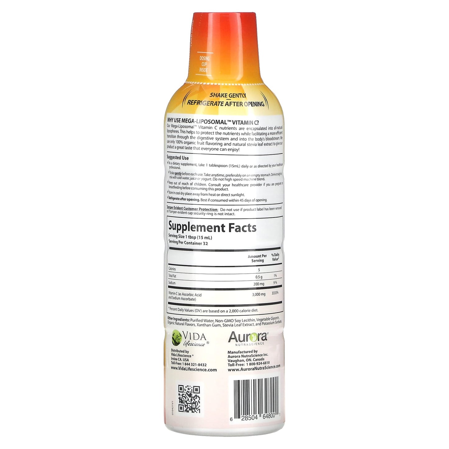 Aurora Nutrascience, Mega-Liposomal Vitamin C, Organic Fruit, 3,000 mg, 16 fl oz (480 ml)