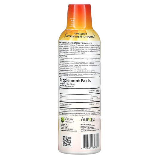 Aurora Nutrascience, Mega-Liposomal Vitamin C, Organic Fruit, 3,000 mg, 16 fl oz (480 ml)