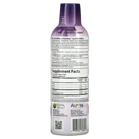 Aurora Nutrascience, Mega-Liposomal Glutathione+, Plus Vitamin C, Organic Fruit, 750 mg, 16 fl oz (480 ml)