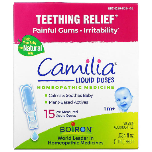 Boiron-Camilia-Teething Relief-1 Months & Up-15 Pre-Measured Liquid Doses-.034 fl oz (1 ml) Each