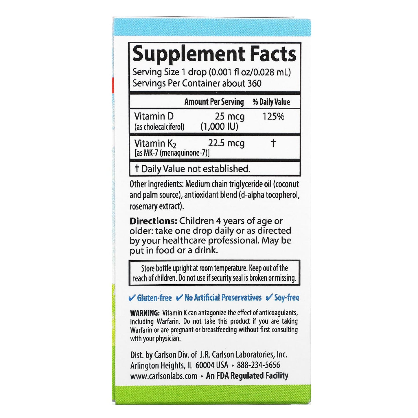Carlson, Kid's, Super Daily D3+K2, 25 mcg (1,000 IU) & 22.5 mcg, 0.34 fl oz (10.16 ml)