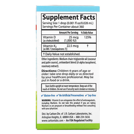 Carlson, Kid's, Super Daily D3+K2, 25 mcg (1,000 IU) & 22.5 mcg, 0.34 fl oz (10.16 ml)