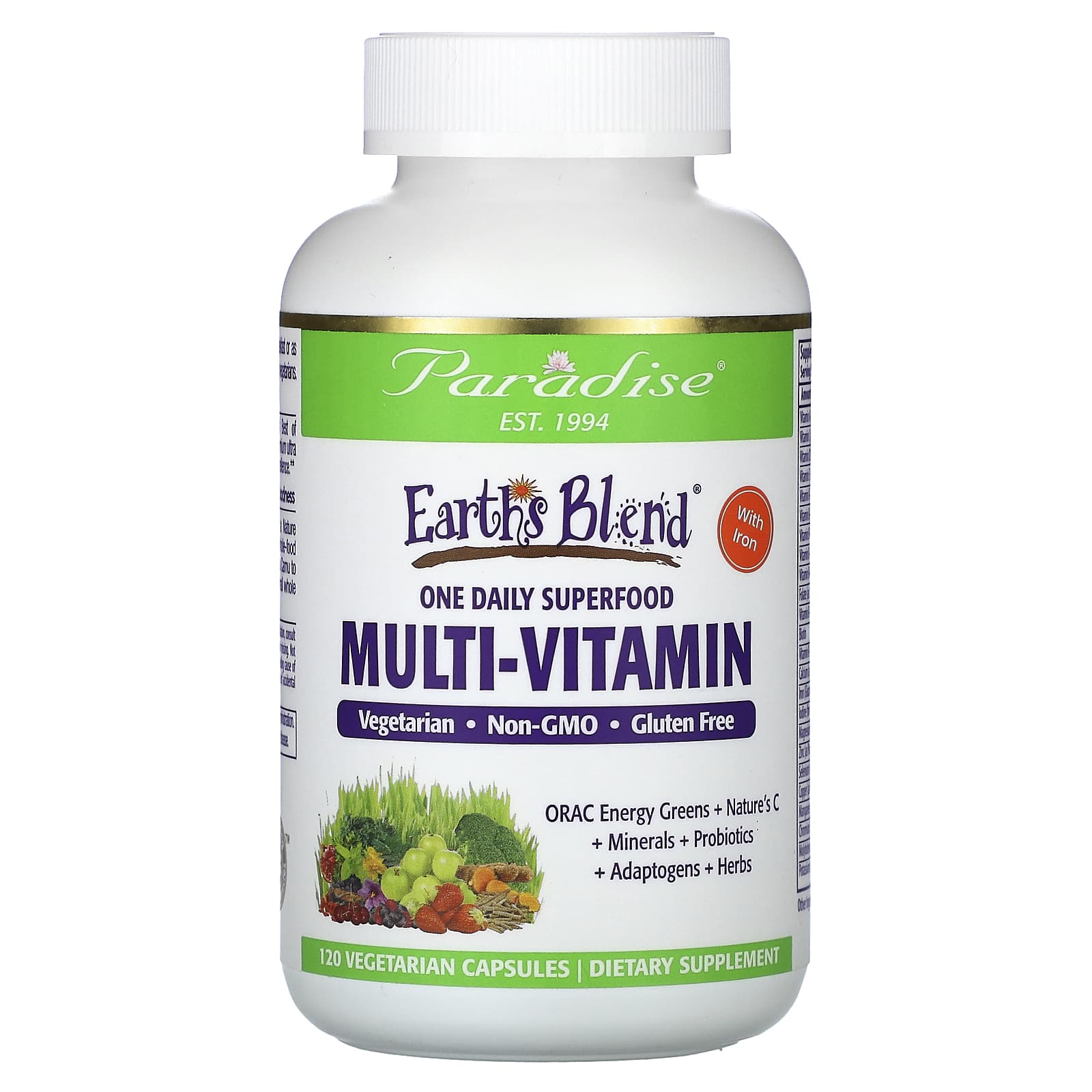 Paradise Herbs-Earth's Blend-One Daily Superfood Multi-Vitamin with Iron-120 Vegetarian Capsules