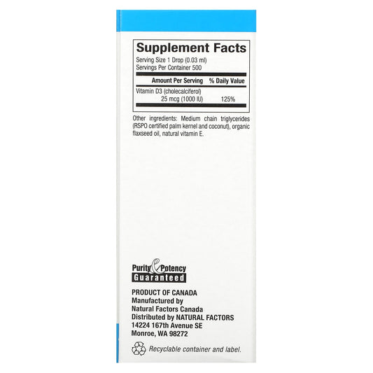 Natural Factors, Vitamin D3 Drops, Unflavored, 25 mcg (1,000 IU), 0.5 fl oz (15 ml)