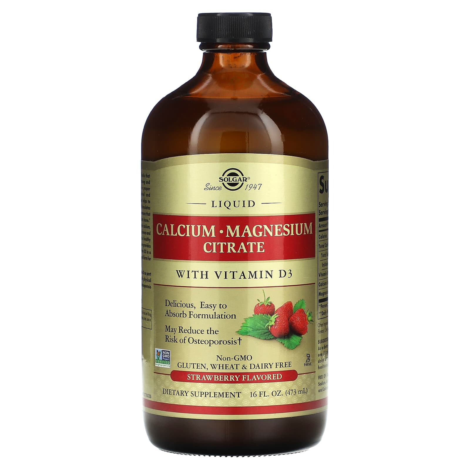 Solgar-Liquid Calcium Magnesium Citrate with Vitamin D3-Strawberry-16 fl oz (473 ml)