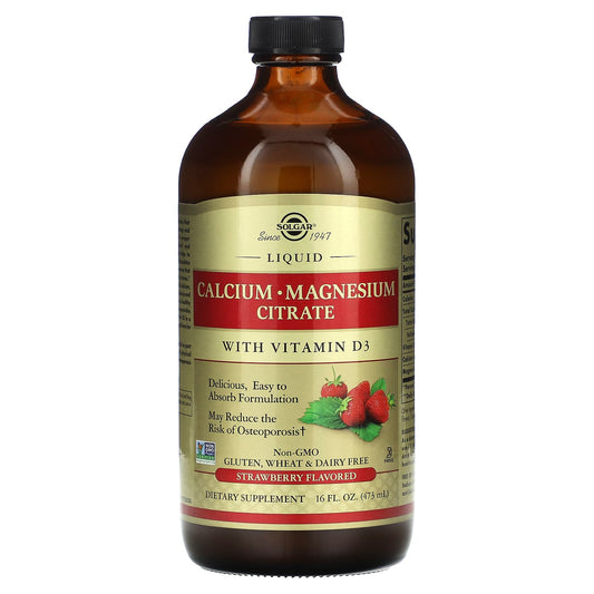 Solgar-Liquid Calcium Magnesium Citrate with Vitamin D3-Strawberry-16 fl oz (473 ml)