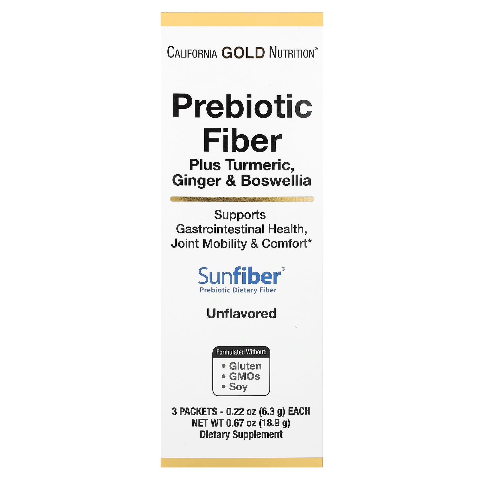 California Gold Nutrition-Prebiotic Fiber Plus Turmeric-Ginger-& Boswellia-3 Packets-0.22 oz (6.3 g) Each