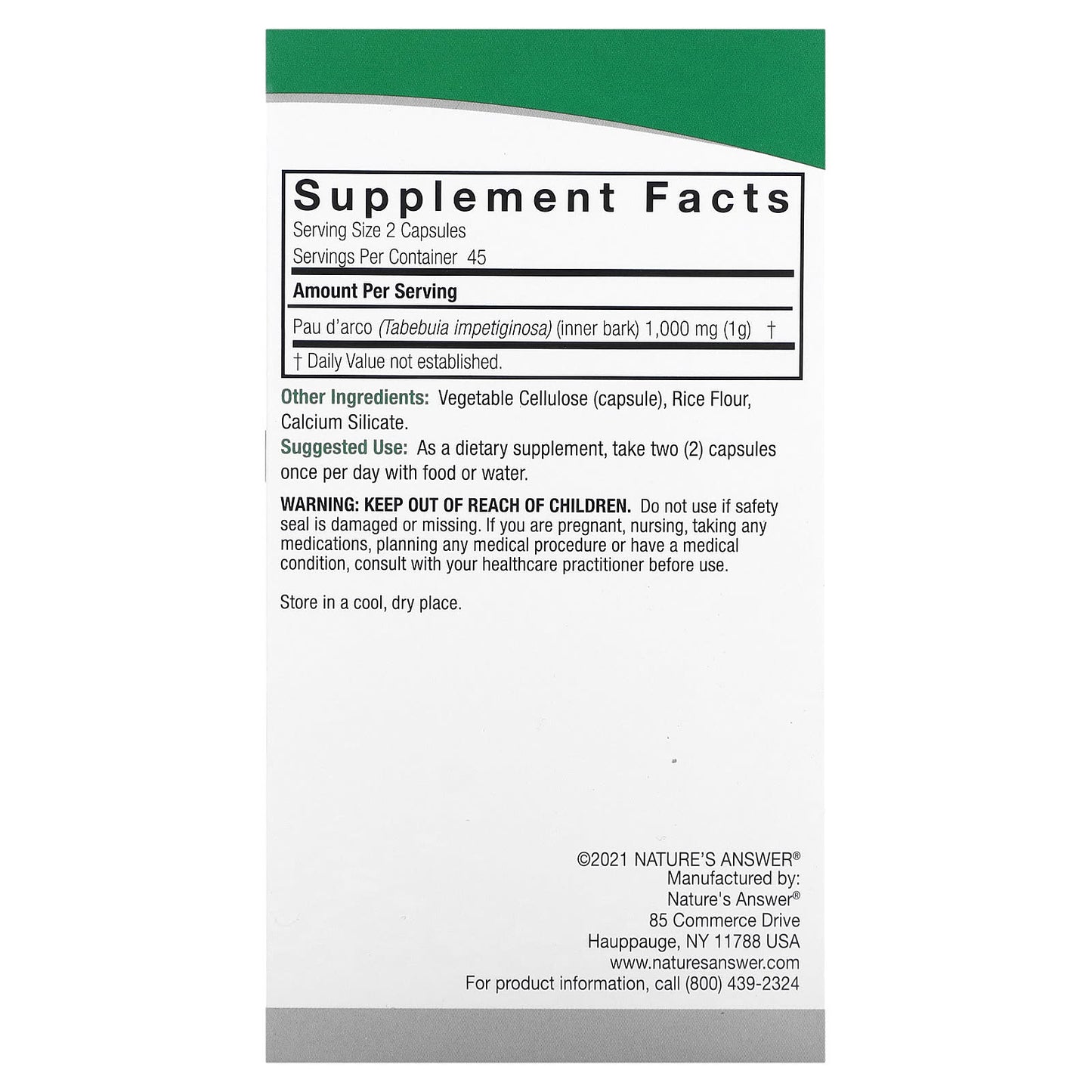 Nature's Answer, Pau D'Arco, 1,000 mg, 90 Vegetarian Capsules (500 mg per Capsule)