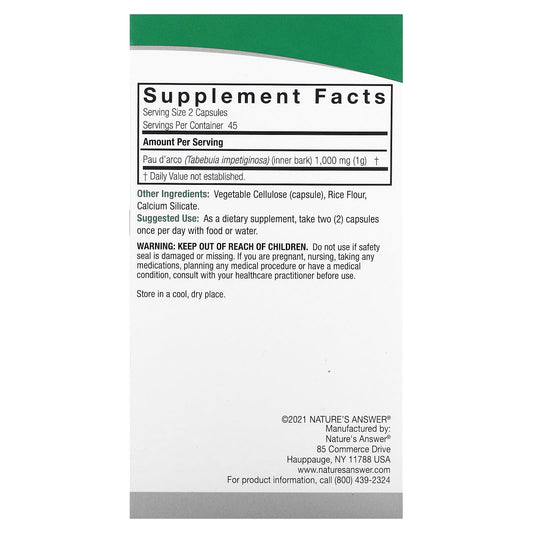 Nature's Answer, Pau D'Arco, 1,000 mg, 90 Vegetarian Capsules (500 mg per Capsule)