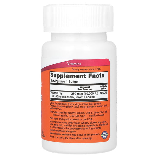 NOW Foods, Vitamin D-3, High Potency , 250 mcg (10,000 IU), 240 Softgels