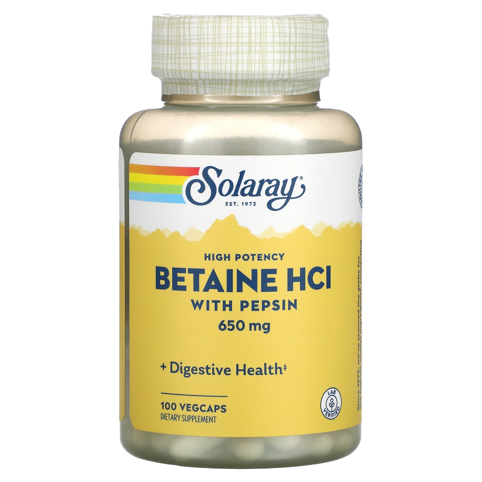 Solaray-High Potency Betaine HCl with Pepsin-650 mg-100 VegCaps