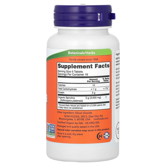 NOW Foods, Certified Organic Spirulina, 3,000 mg, 100 Tablets (500 mg per Tablet)