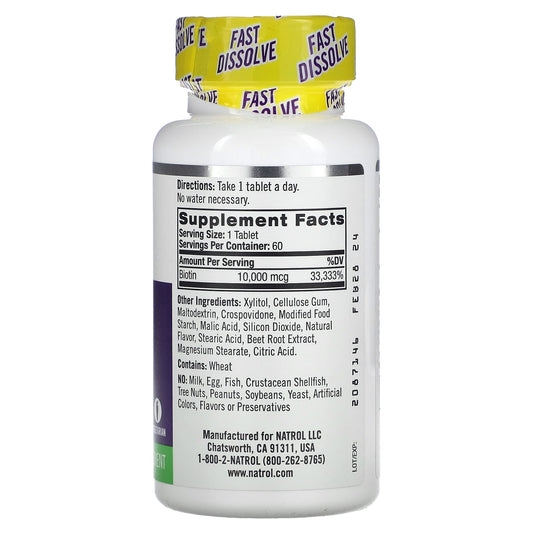 Natrol, Biotin, Fast Dissolve, Maximum Strength, Strawberry, 10,000 mcg, 60 Tablets