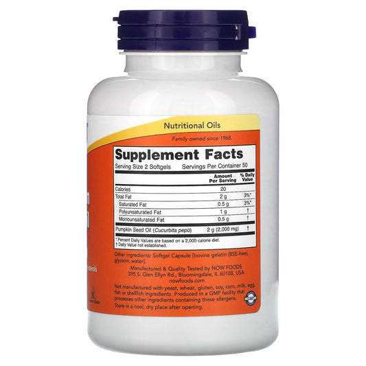 NOW Foods, Pumpkin Seed Oil, 1,000 mg, 100 Softgels (500 mg per Softgel)