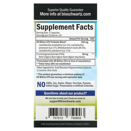 BioSchwartz, Advanced Strength Probiotic, 40 Billion CFU, 60 Capsules (20 Billion CFU per Capsule)