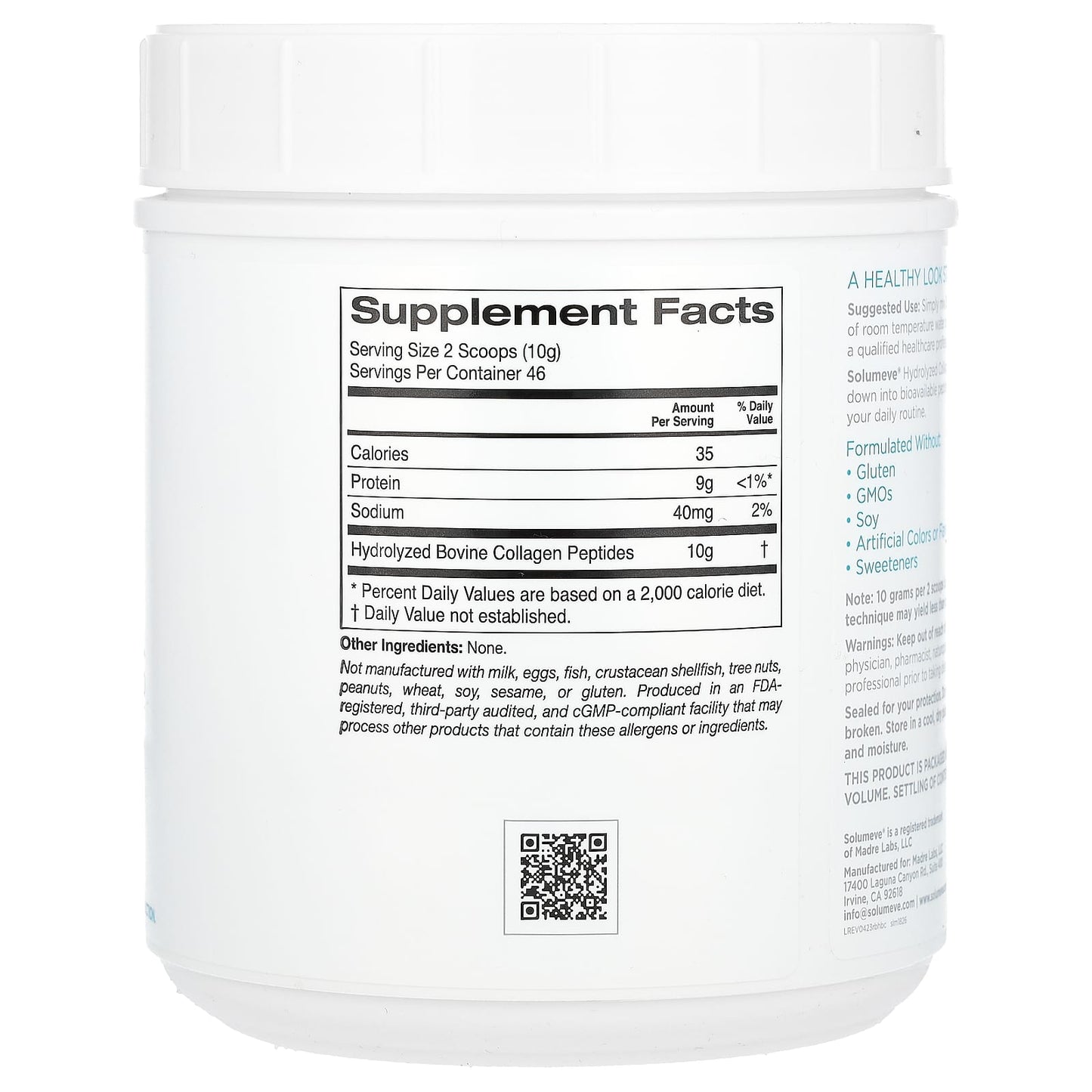 Solumeve, Hydrolyzed Collagen Peptides, Unflavored Powder, 16.2 oz (1.01 lb) 460 g