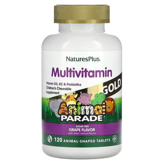 NaturesPlus-Animal Parade Gold-Children's Multivitamin Chewable Supplement-Grape-120 Animal-Shaped Tablets