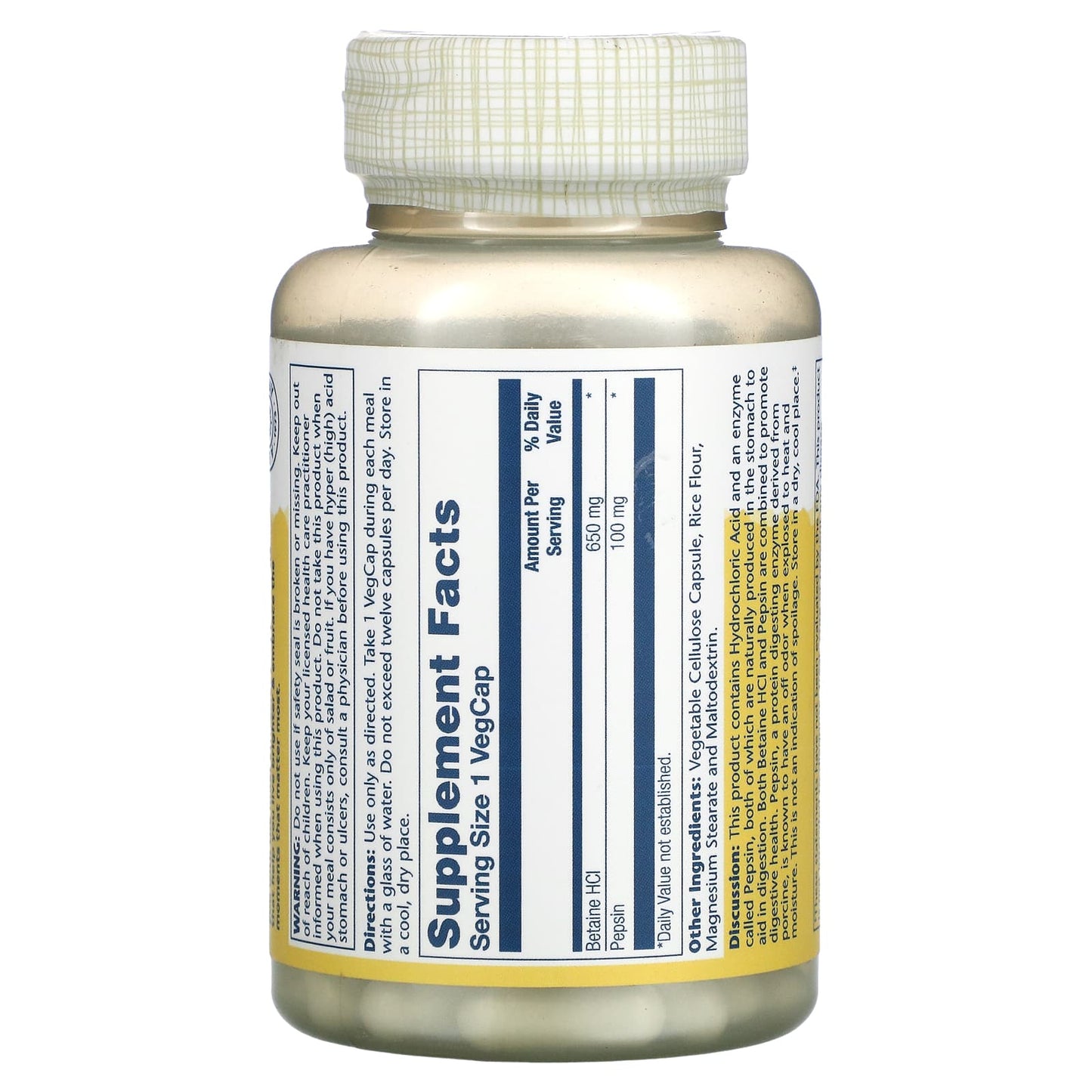 Solaray, High Potency Betaine HCl with Pepsin, 650 mg, 100 VegCaps