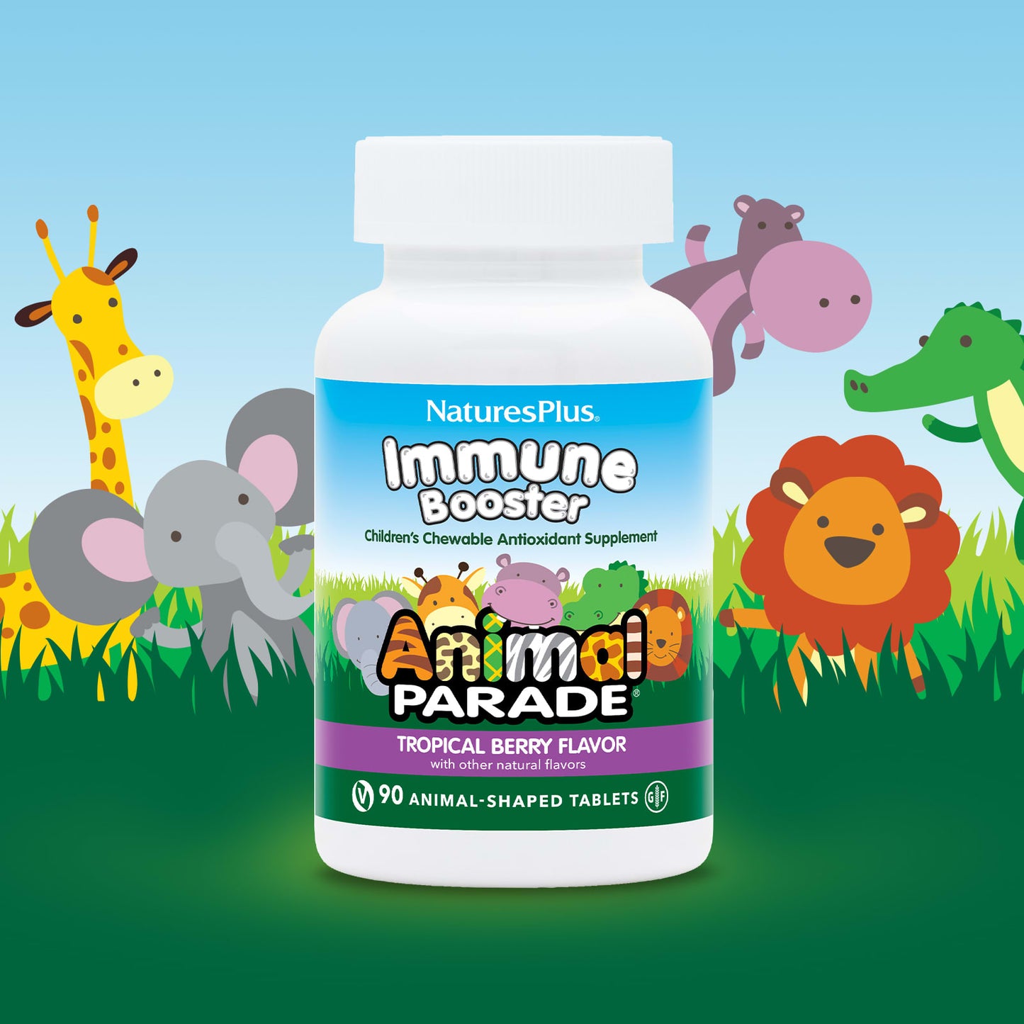 NaturesPlus, Animal Parade, Kids Immune Booster,  Tropical Berry, 90 Animal-Shaped Tablets