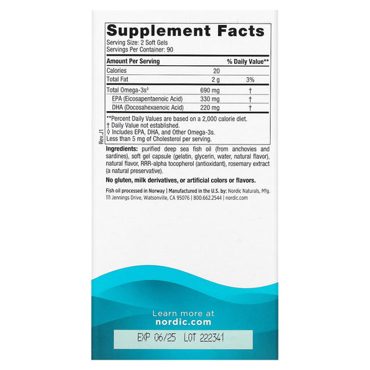 Nordic Naturals, Omega-3, Lemon, 690 mg, 180 Soft Gels (345 mg per Soft Gel)