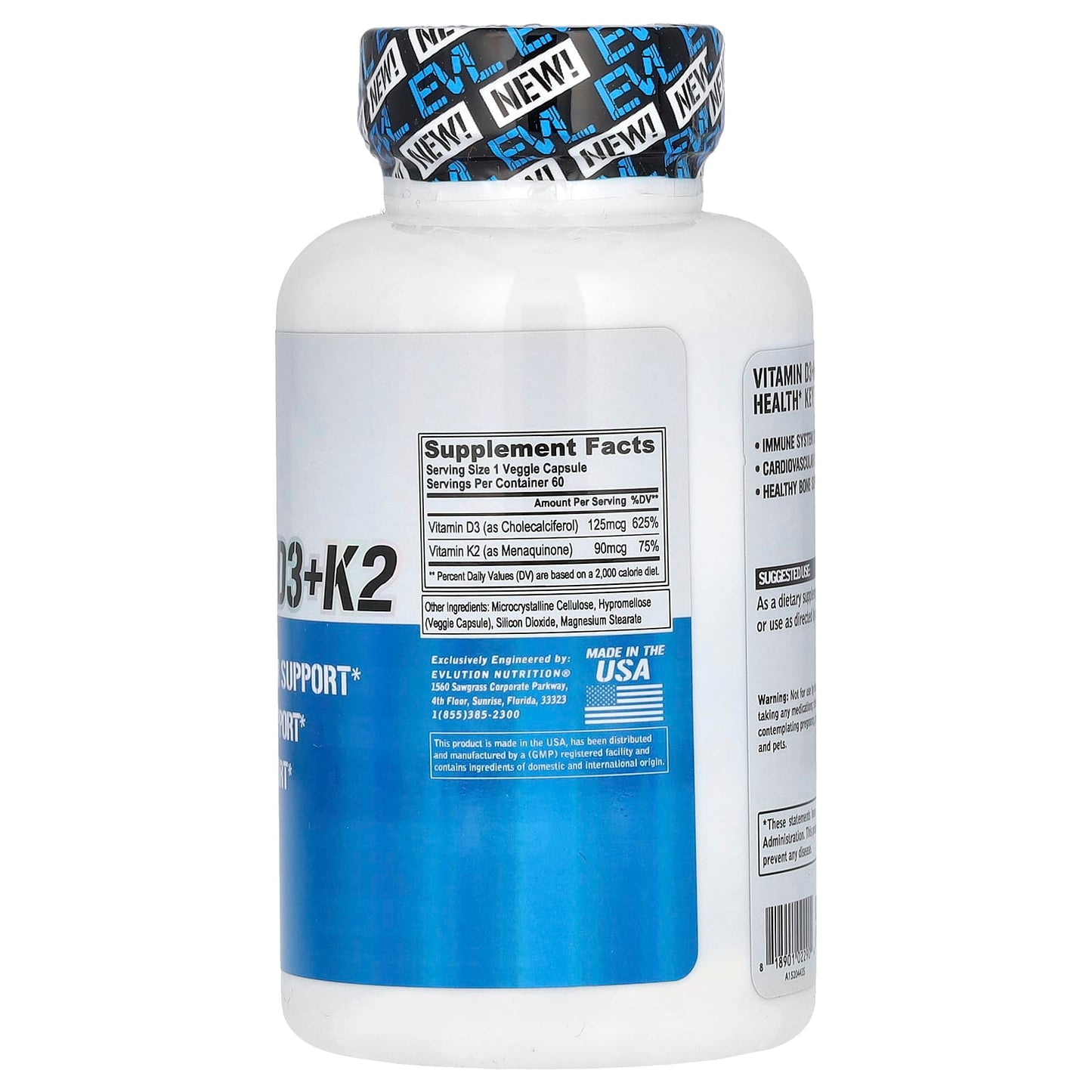 EVLution Nutrition, Vitamin D3+K2, 60 Veggie Capsules