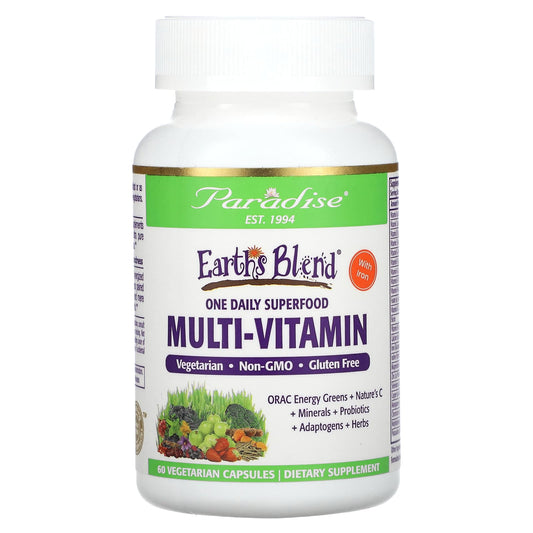Paradise Herbs-Earth's Blend-One Daily Superfood Multi-Vitamin with Iron-60 Vegetarian Capsules
