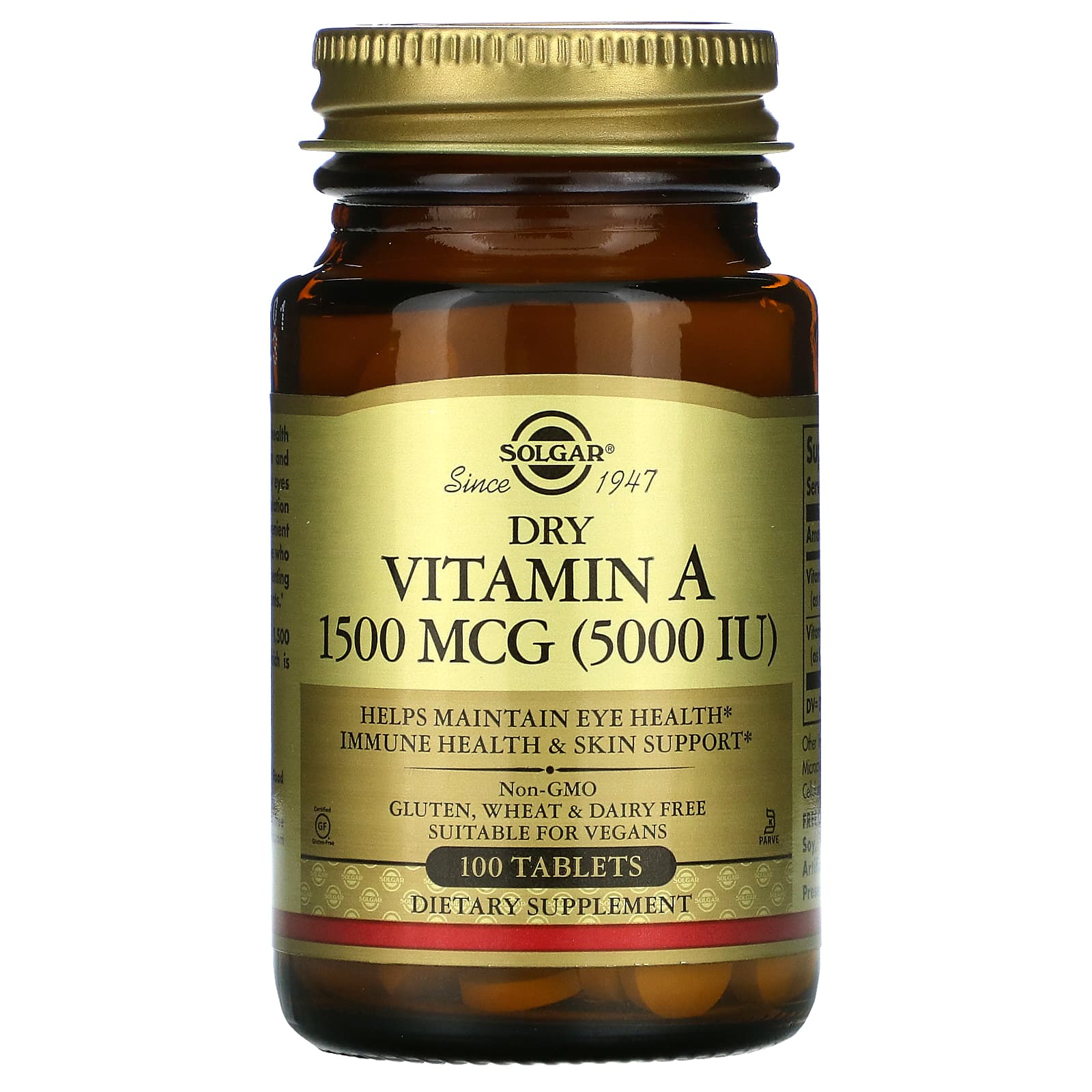 Solgar-Dry Vitamin A-1,500 mcg (5,000 IU)-100 Tablets