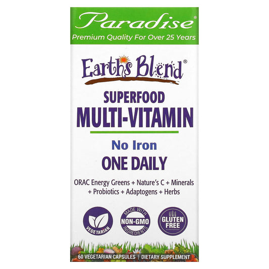 Paradise Herbs-Earth's Blend-One Daily Superfood Multi-Vitamin-No Iron-60 Vegetarian Capsules