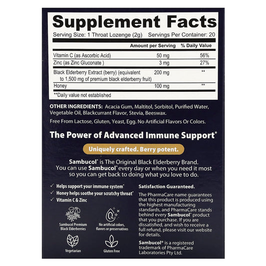 Sambucol, Black Elderberry, Advanced Immune Support with Vitamin C & Zinc, 20 Lozenges