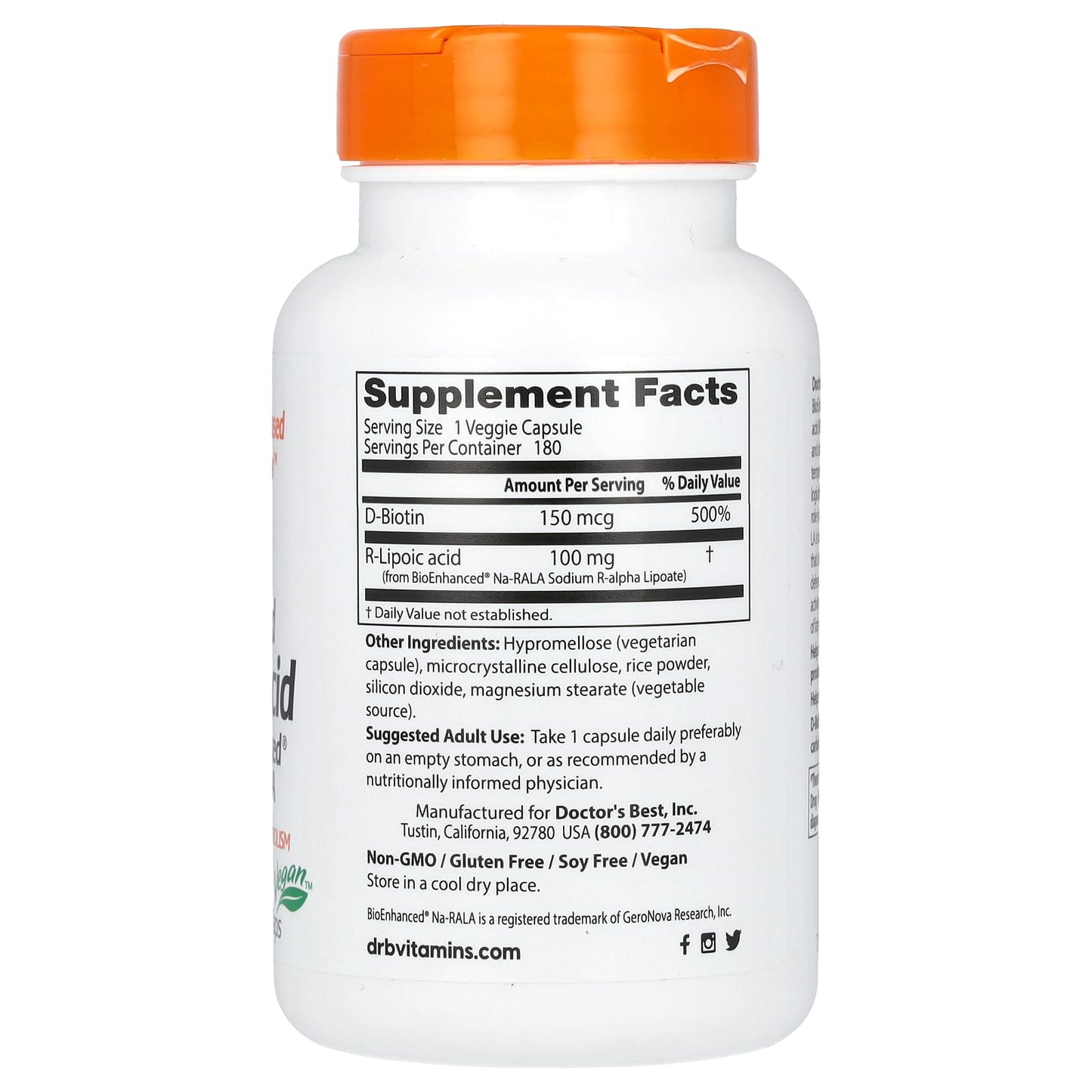 Doctor's Best, Stabilized R-Lipoic Acid with BioEnhanced Na-RALA, 100 mg, 180 Veggie Caps