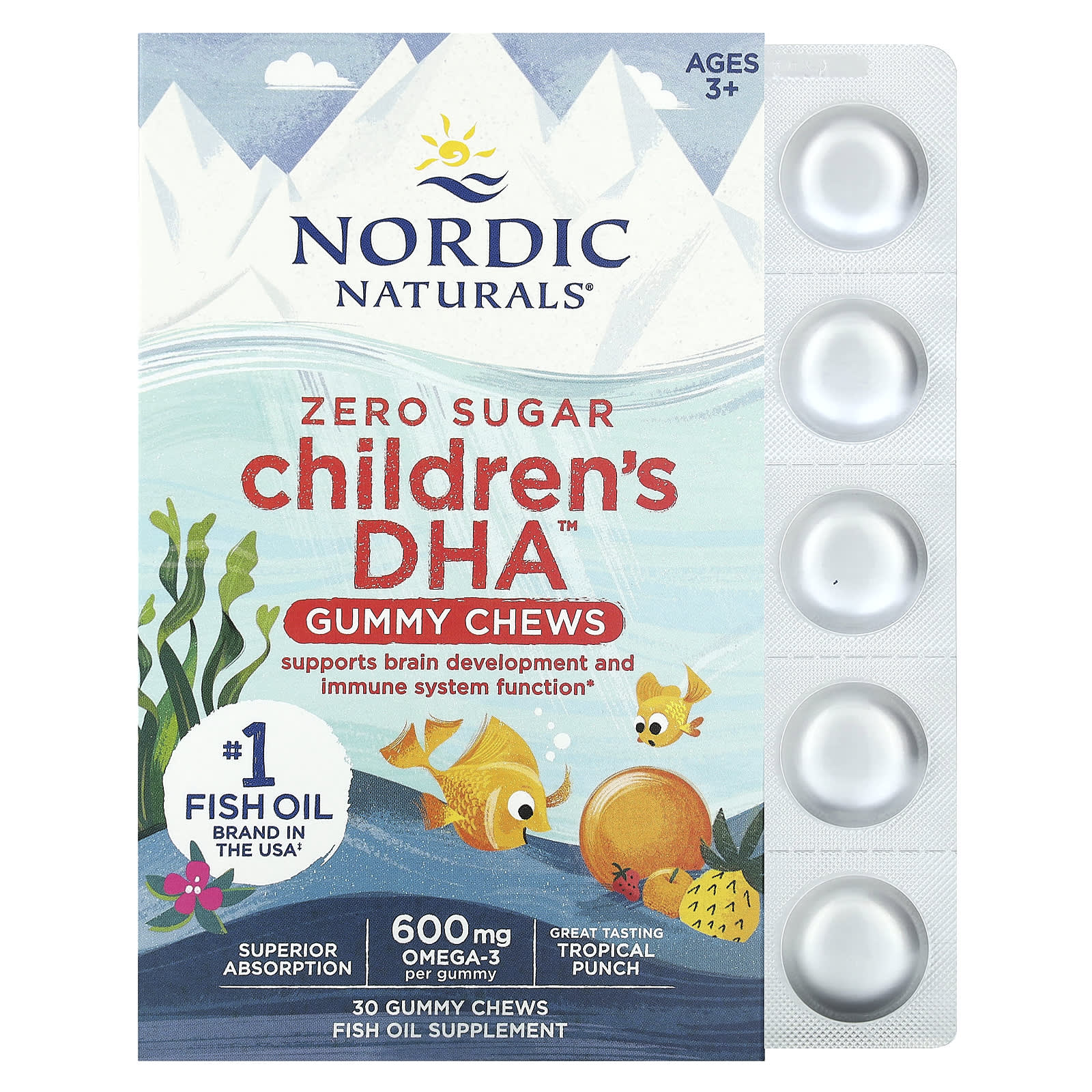 Nordic Naturals-Children's DHA Gummy Chews-Ages 3+-Tropical Punch-600 mg-30 Gummies