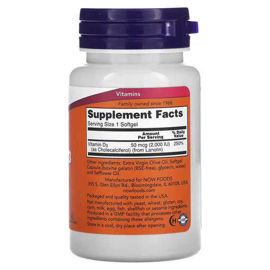 NOW Foods, Vitamin D-3, High Potency, 50 mcg (2,000 IU), 120 Softgels