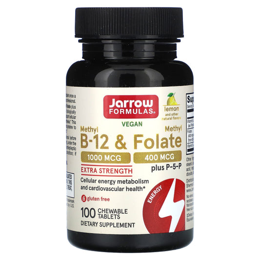 Jarrow Formulas-Vegan Methyl B-12 & Methyl Folate-Extra Strength-Lemon-100 Chewable Tablets