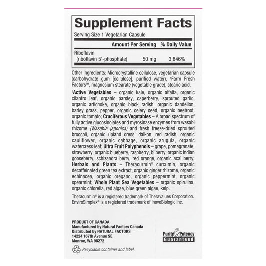 Natural Factors, BioCoenzymated, B2, Riboflavin 5'-Phosphate, 50 mg, 30 Vegetarian Capsules