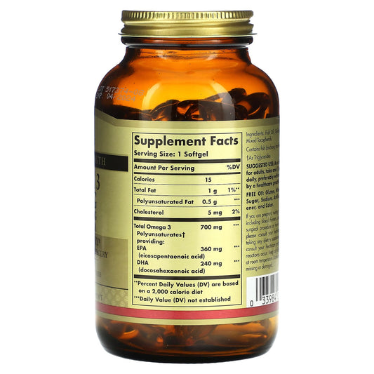 Solgar, Omega-3, EPA & DHA, Double Strength, 700 mg, 120 Softgels