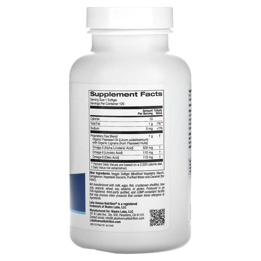 Lake Avenue Nutrition, Cold Pressed Flaxseed Oil with Lignans, 120 Veggie Softgels