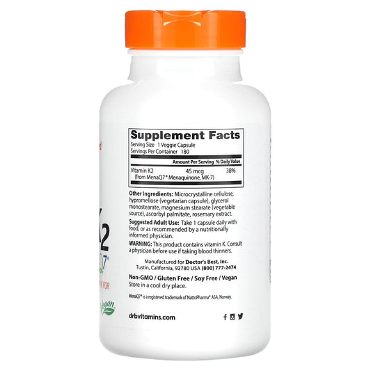 Doctor's Best, Natural Vitamin K2 MK-7 with MenaQ7, 45 mcg, 180 Veggie Caps