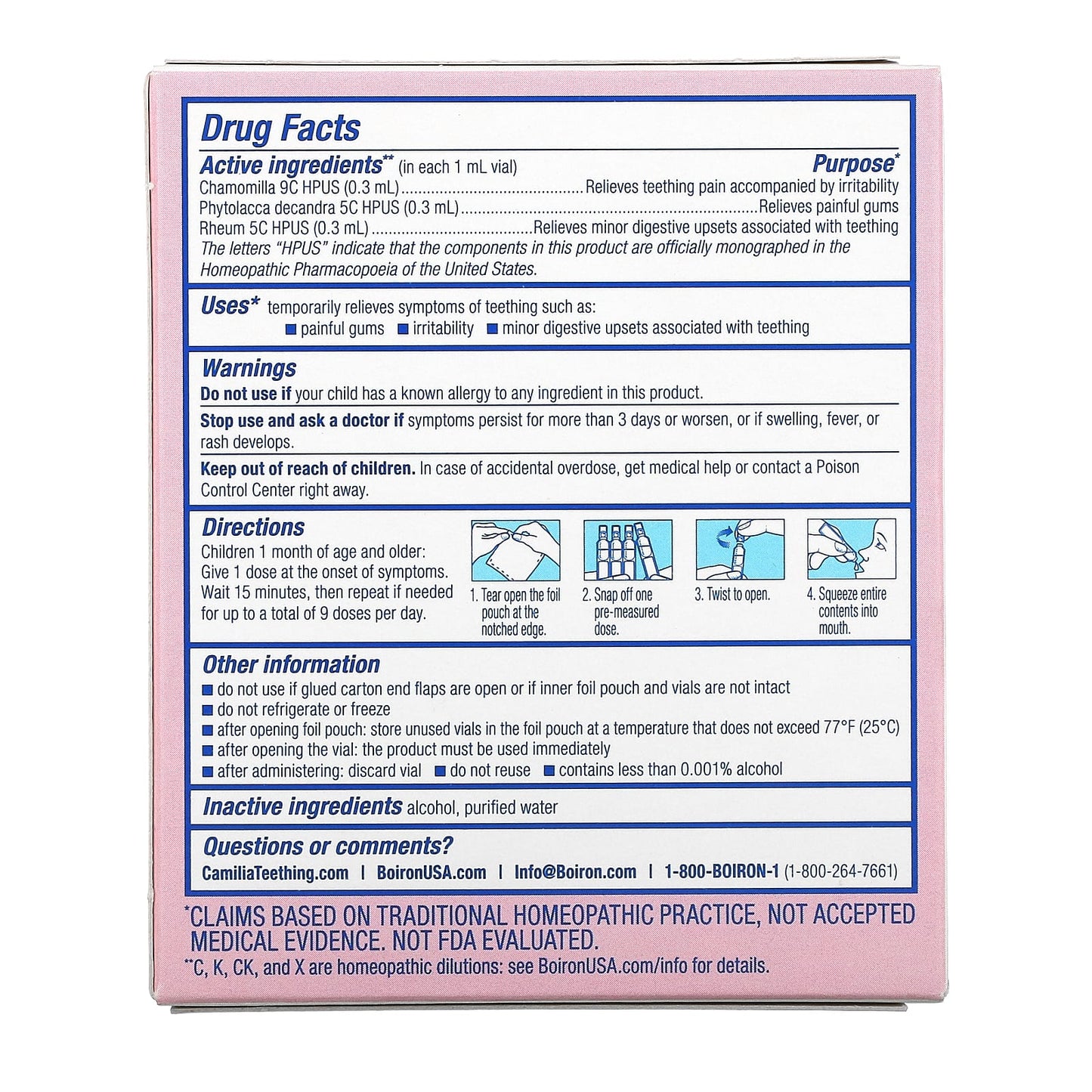 Boiron, Camilia, Teething Relief, 1 Month+, 30 Pre-Measured Liquid Doses, 0.034 fl oz (1 ml) Each