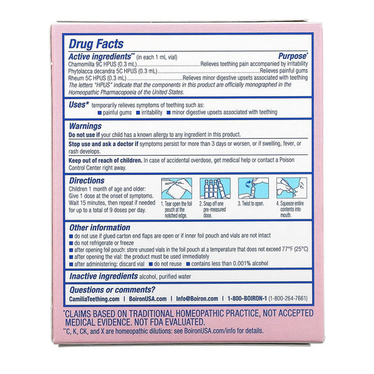 Boiron, Camilia, Teething Relief, 1 Month+, 30 Pre-Measured Liquid Doses, 0.034 fl oz (1 ml) Each