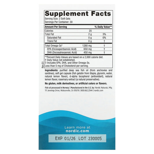 Nordic Naturals, Ultimate Omega, Lemon, 1,280 mg, 60 Fish Gelatin Soft Gels (640 mg per Soft Gel)