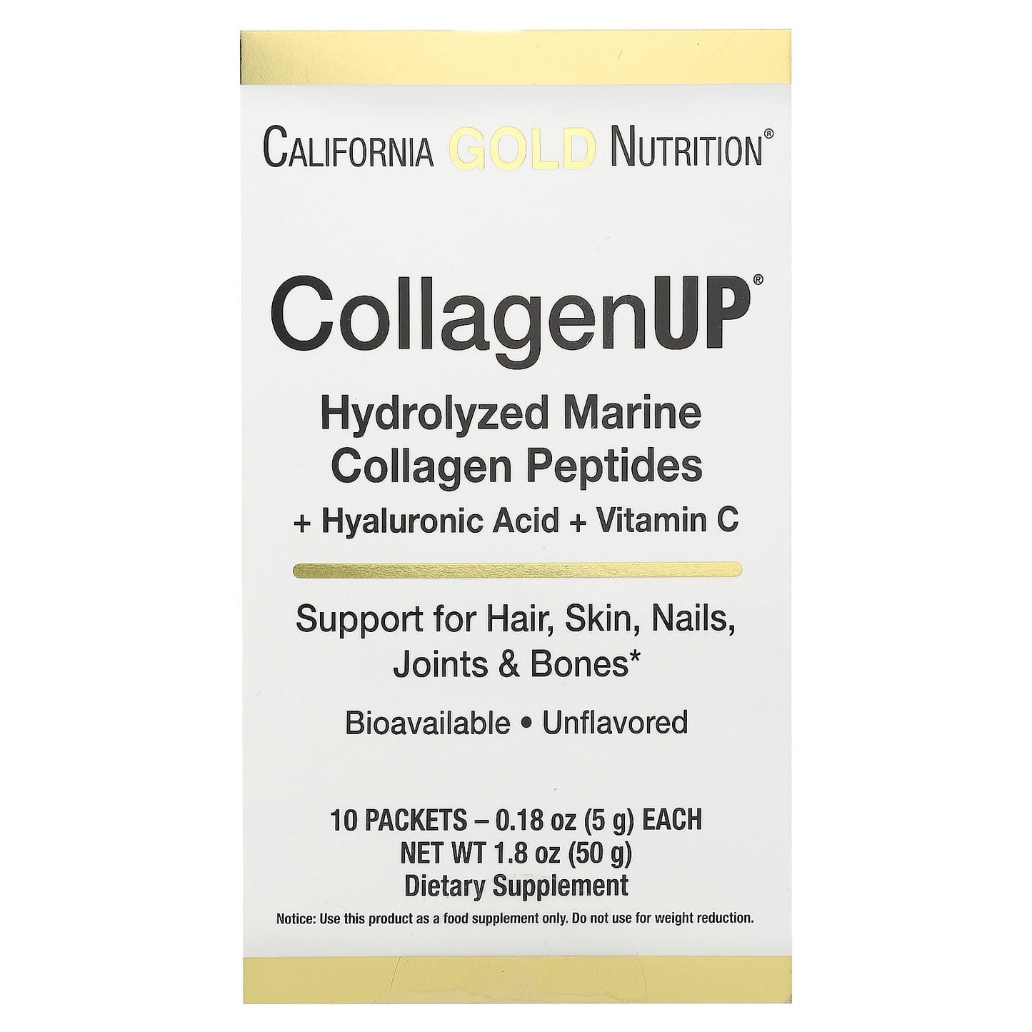 California Gold Nutrition-CollagenUP-Hydrolyzed Marine Collagen Peptides with Hyaluronic Acid and Vitamin C-Unflavored-10 Packets-0.18 oz (5 g) Each