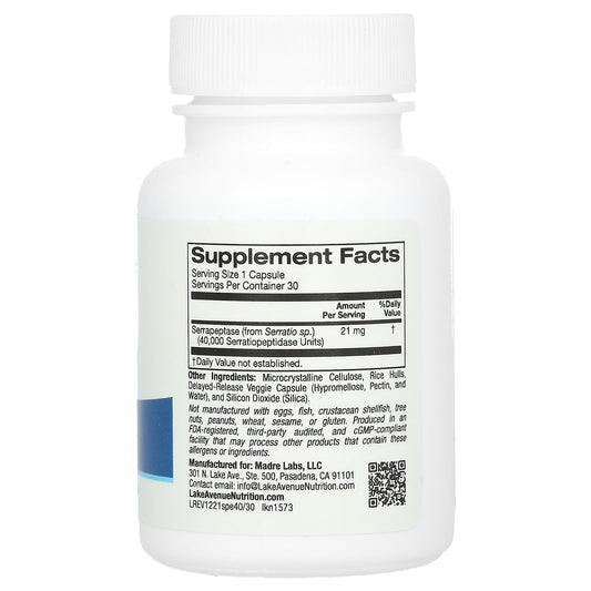 Lake Avenue Nutrition, Serrapeptase, Proteolytic Enzyme, 40,000 SPUs, 30 Veggie Capsules