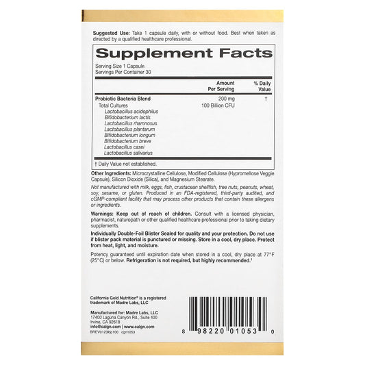 California Gold Nutrition, LactoBif 100 Probiotics, 100 Billion CFU, 30 Veggie Capsules