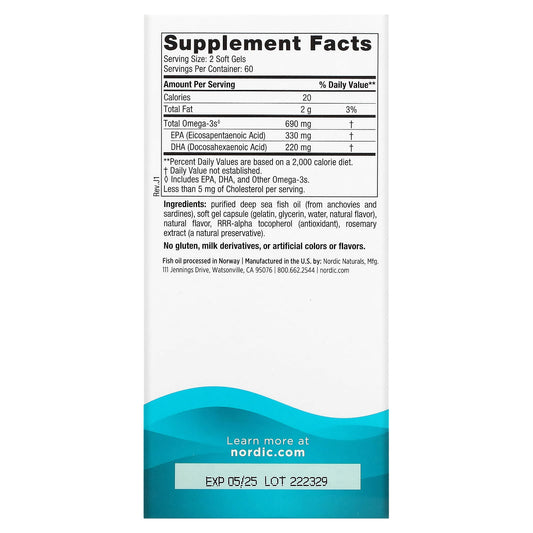 Nordic Naturals, Omega-3, Lemon, 690 mg, 120 Soft Gels (345 mg per Soft Gel)