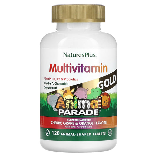 NaturesPlus-Animal Parade Gold-Children's Chewable Multivitamin Supplement-Cherry-Grape & Orange-120 Animal-Shaped Tablets