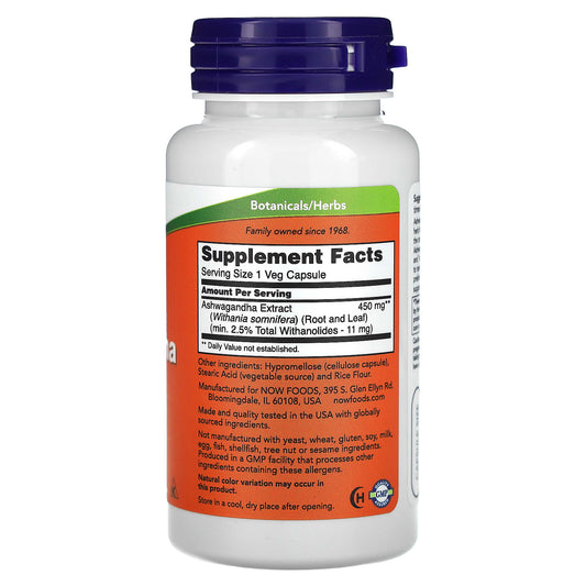 NOW Foods, Ashwagandha, Standardized Extract, 450 mg, 90 Veg Capsules
