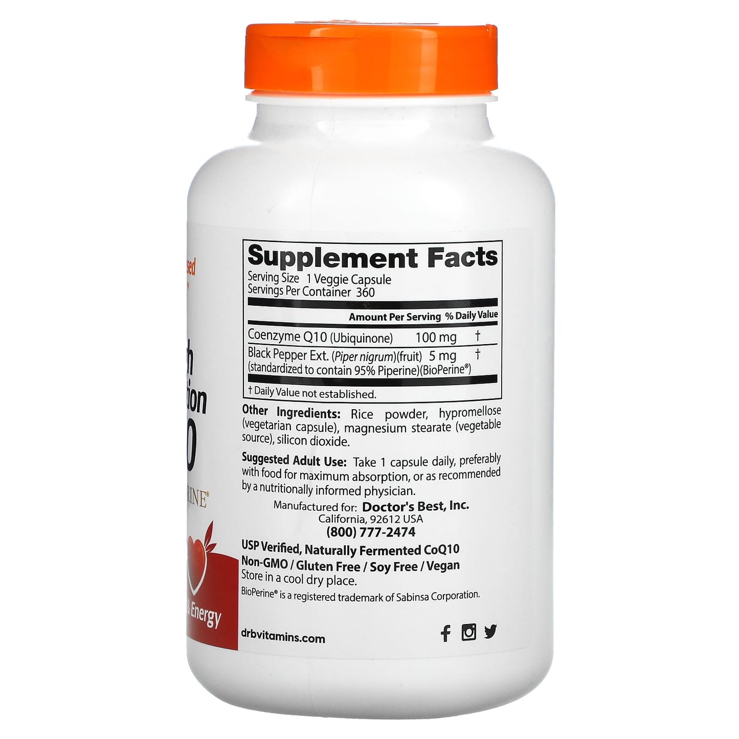 Doctor's Best, High Absorption CoQ10 with BioPerine, 100 mg, 360 Veggie Caps